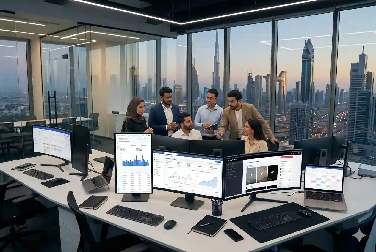 Marketing team analyzing digital campaigns in Dubai office with analytics dashboards