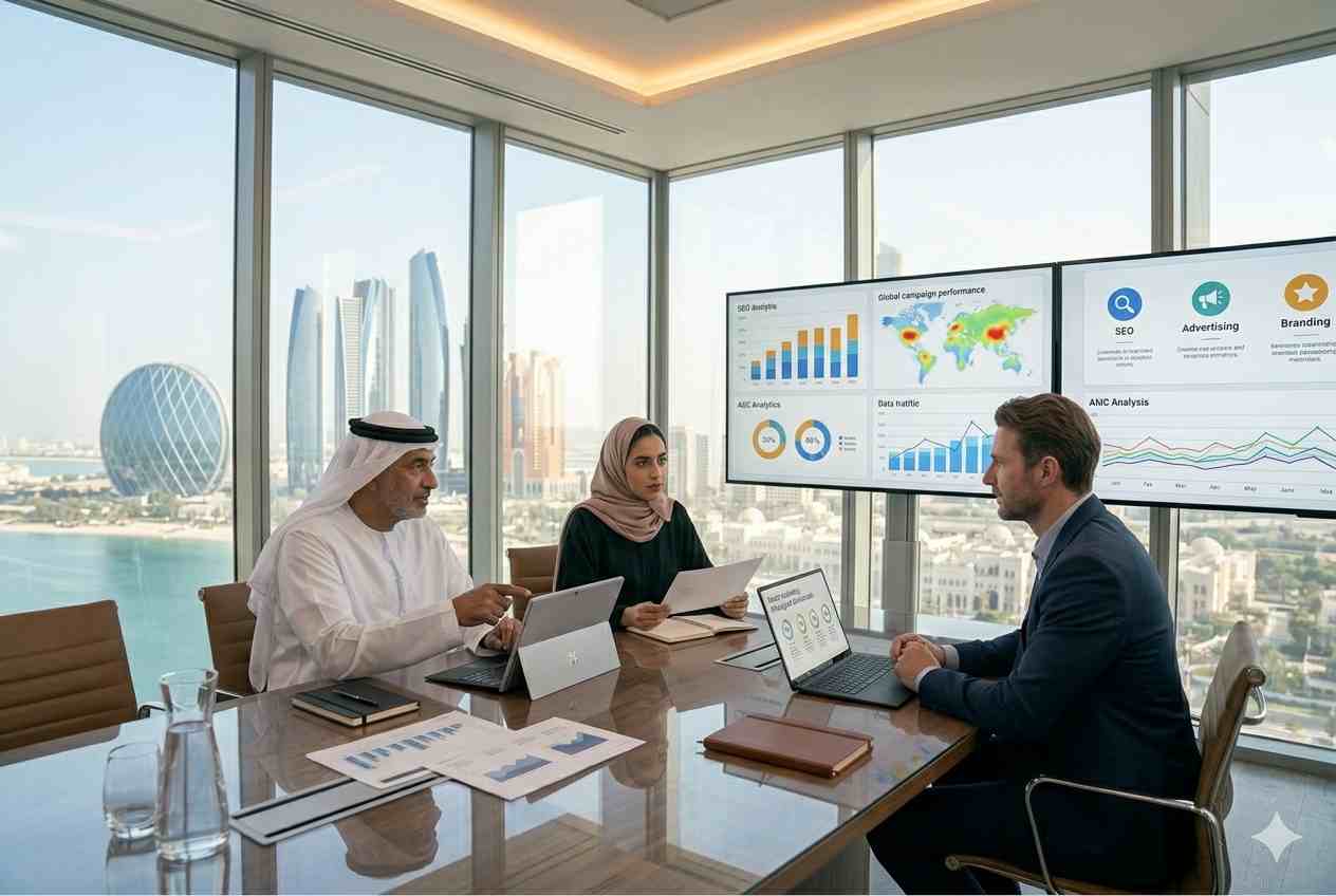 Marketing professionals in Abu Dhabi reviewing digital campaign strategies