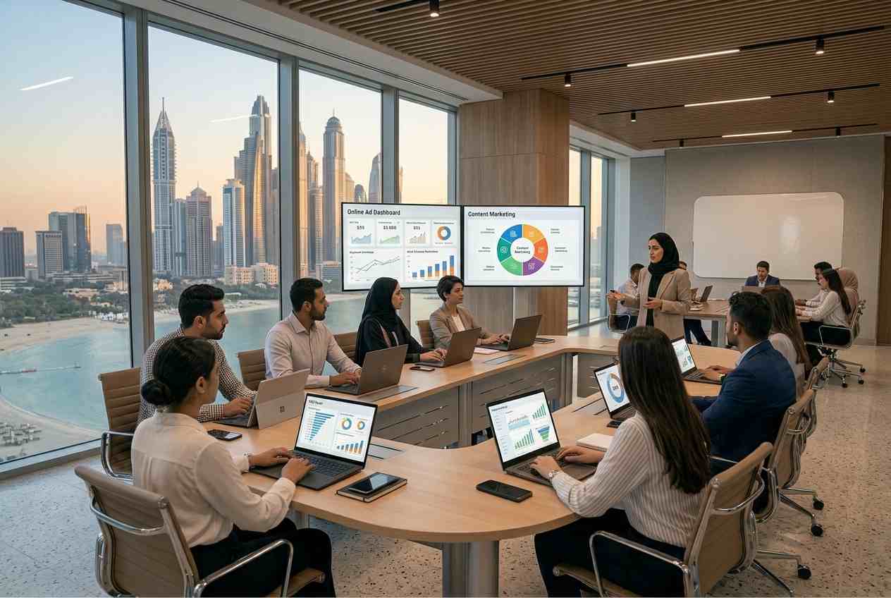 Students learning digital marketing skills in a Dubai training institute