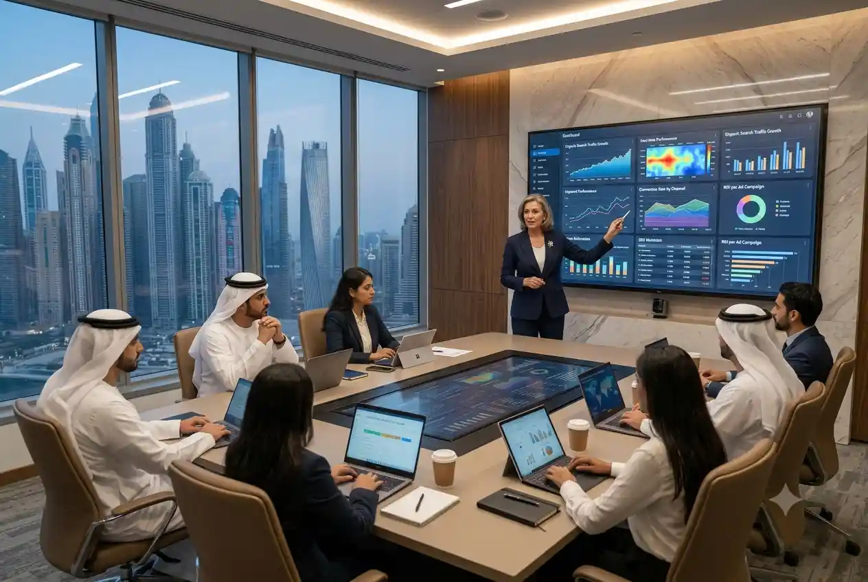 Digital marketing expert presenting online growth strategy to a business team in UAE