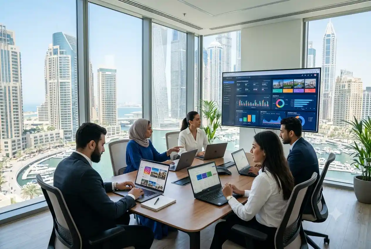 Marketing professionals planning digital campaigns for a UAE real estate company in a modern office.