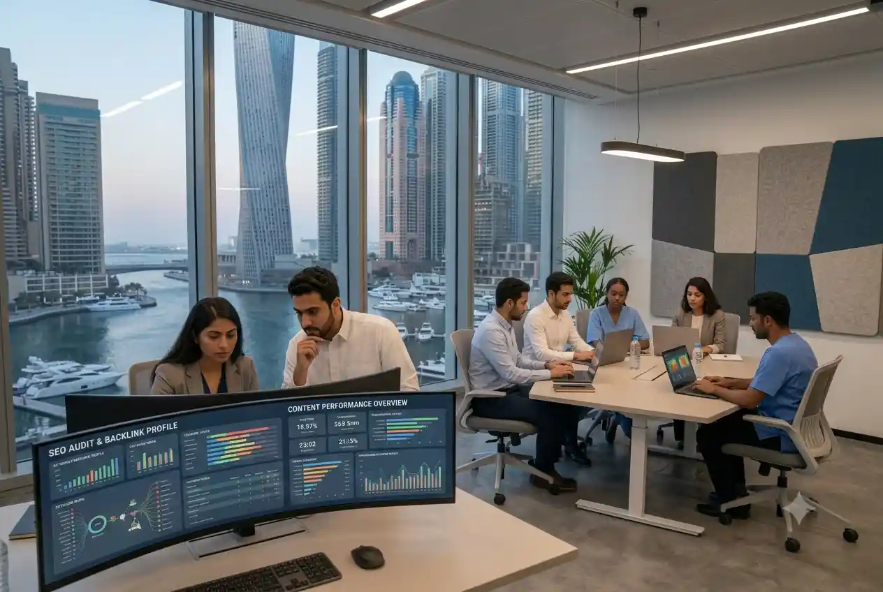 Digital marketing professionals working in a modern UAE office environment
