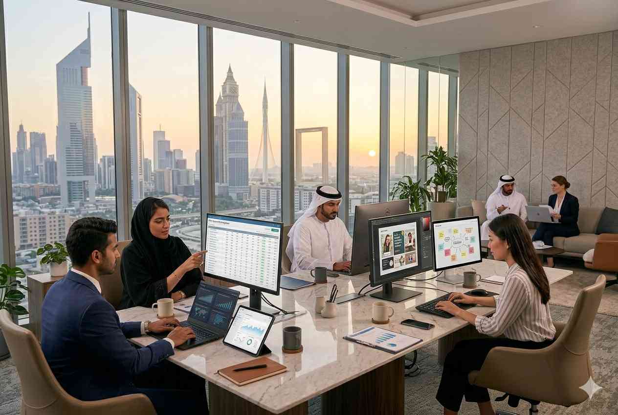 Digital marketing professionals working in a modern UAE office environment