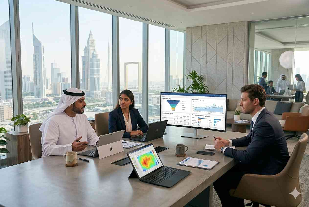 Business professionals discussing digital marketing strategies in a UAE office