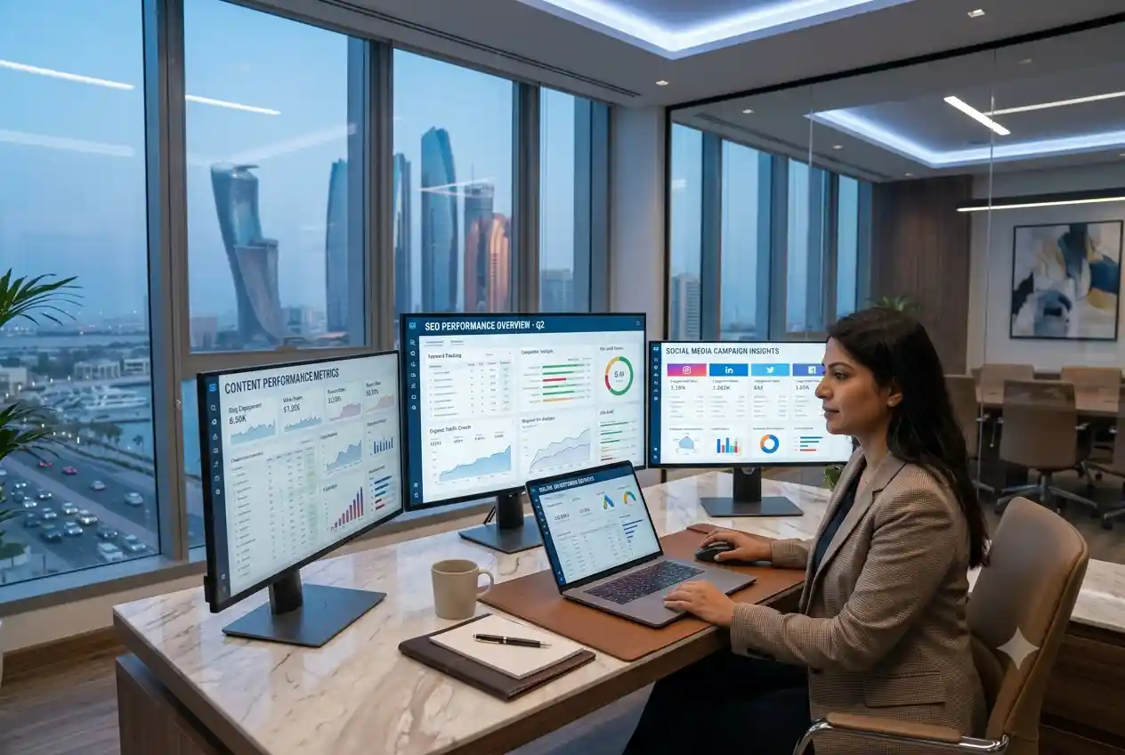 Digital marketing specialist analyzing campaign performance in a UAE office