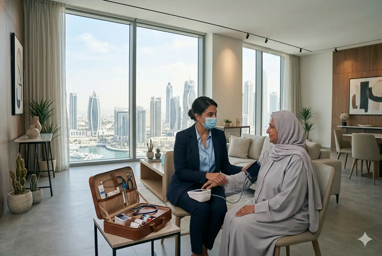 Doctor providing medical consultation at home in Dubai Marina apartment
