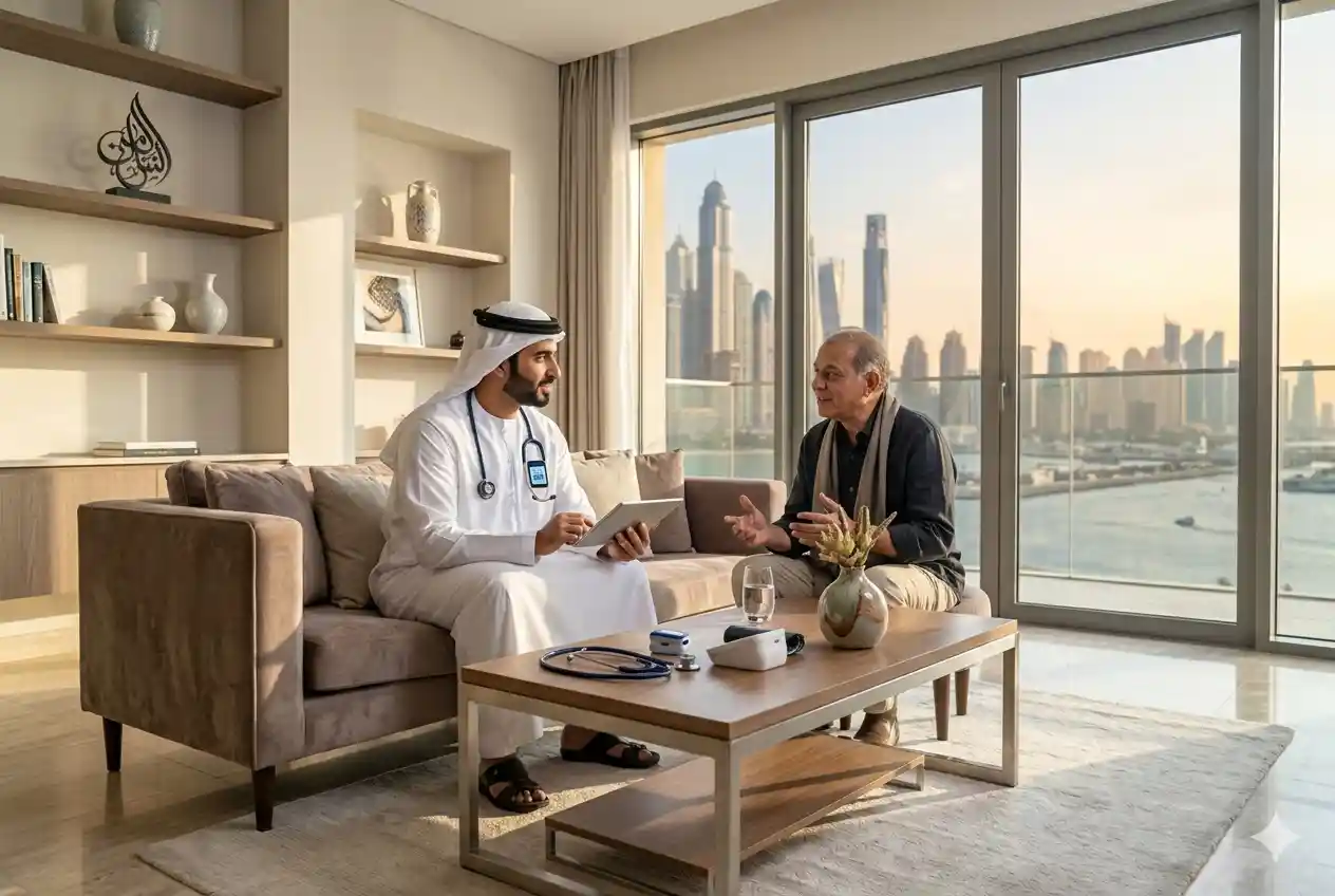 Doctor providing professional medical consultation during a home visit in Dubai