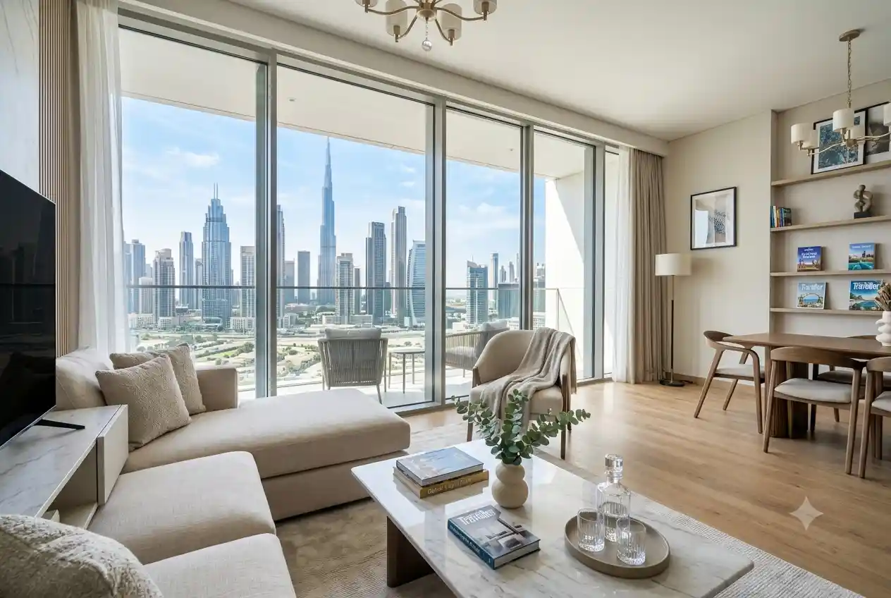 Modern licensed DTCM holiday home apartment in Dubai with luxury interior and skyline view