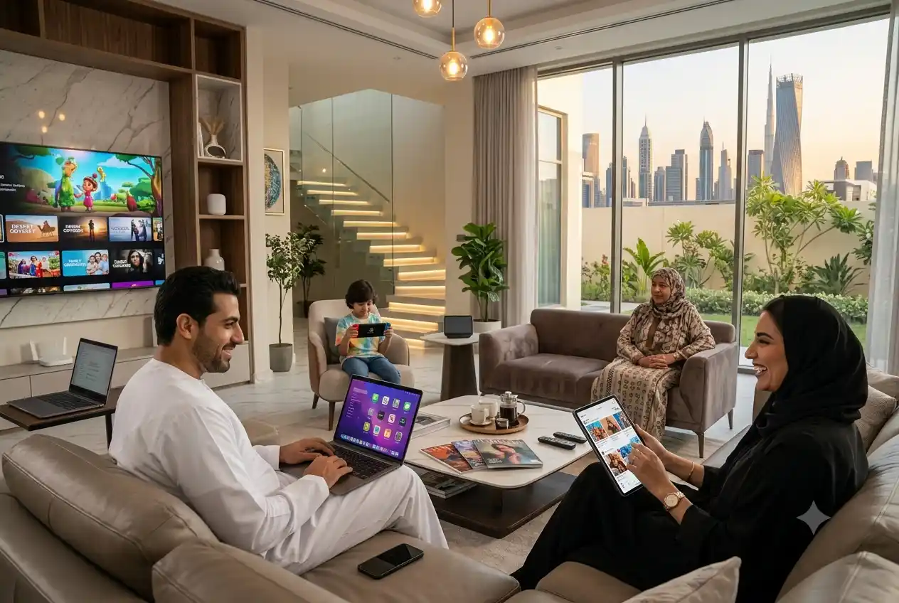 Family using high-speed home internet services in a modern UAE residence