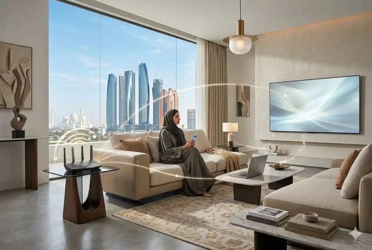 Modern UAE home showing WiFi router and connected smart devices for DU home internet