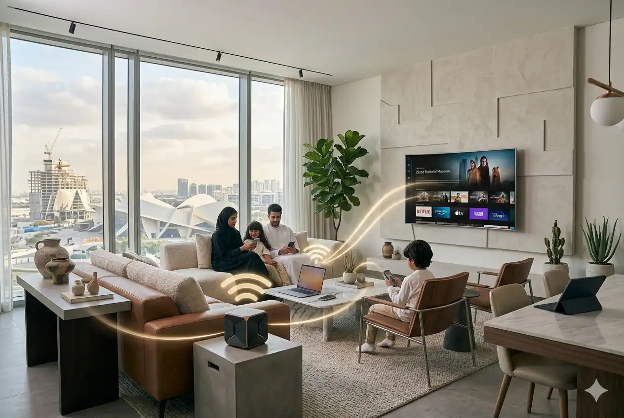 Wireless router in modern UAE home providing internet to multiple devices