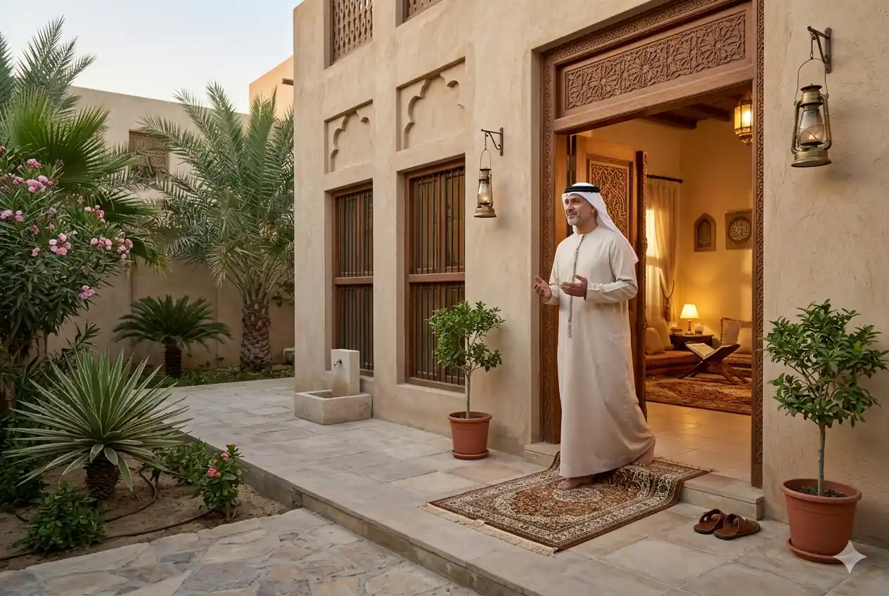Muslim person entering home while reciting dua in a peaceful environment