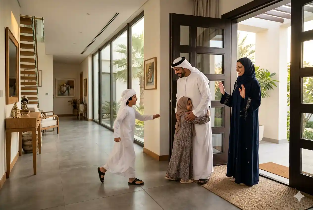 Muslim family entering home and reciting dua in a modern UAE residence