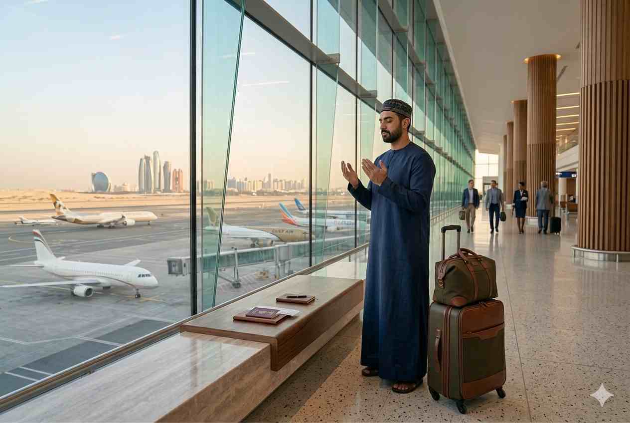 Muslim traveler making dua before international travel at UAE airport