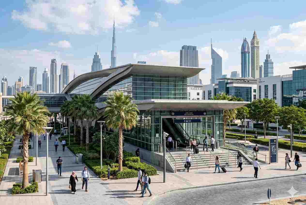 Dubai Healthcare City Metro Station entrance with surrounding healthcare district buildings