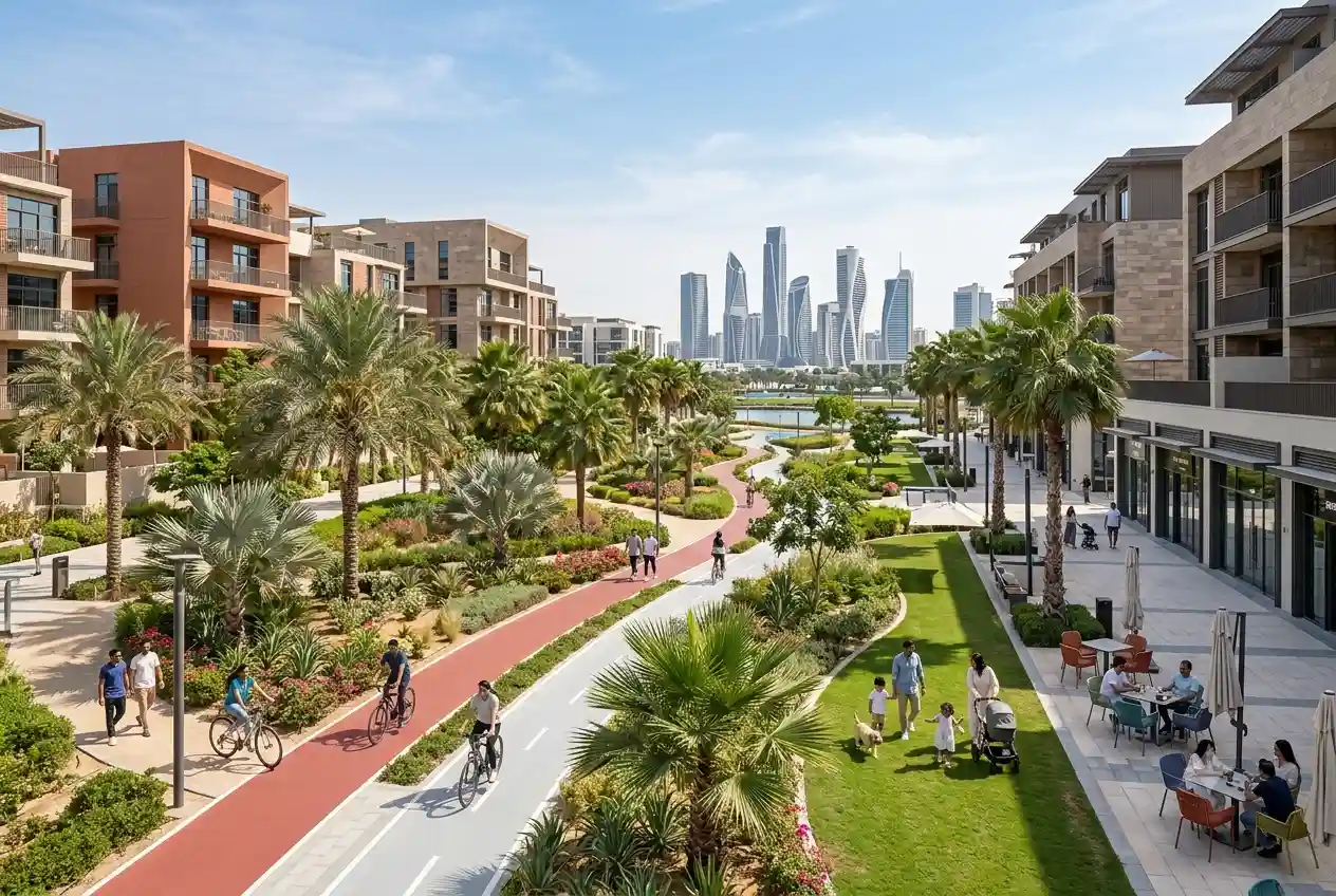 Modern lifestyle community in Dubai with parks, residential buildings, and outdoor leisure spaces.