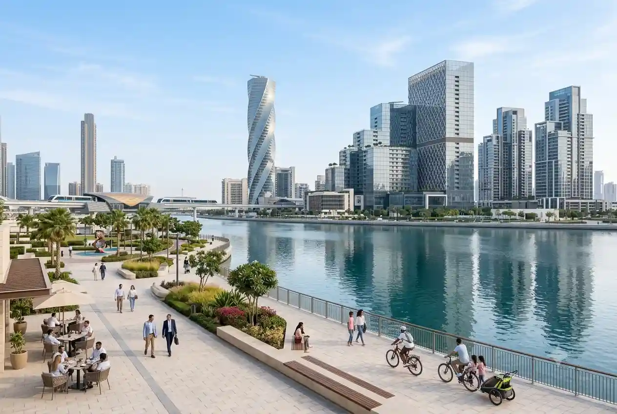 Modern Dubai city lifestyle with skyline, waterfront, parks, and contemporary residential communities.