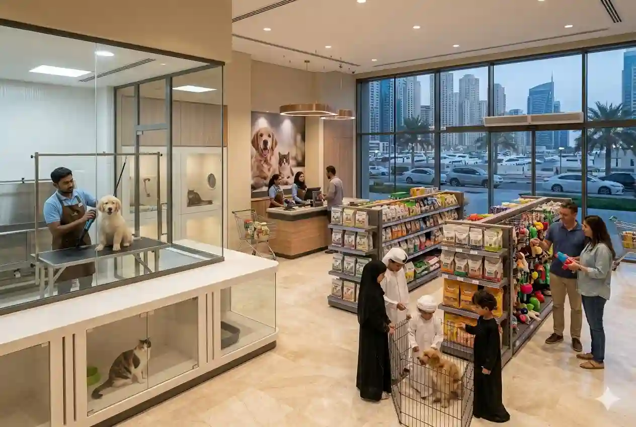 Pet store in Dubai with animals, supplies, and grooming services in modern retail environment