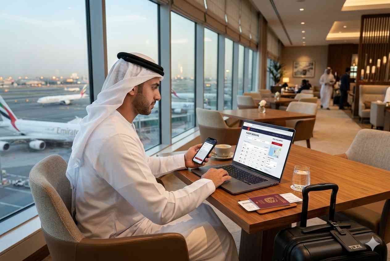 UAE traveler using online e travels services for flight and holiday booking