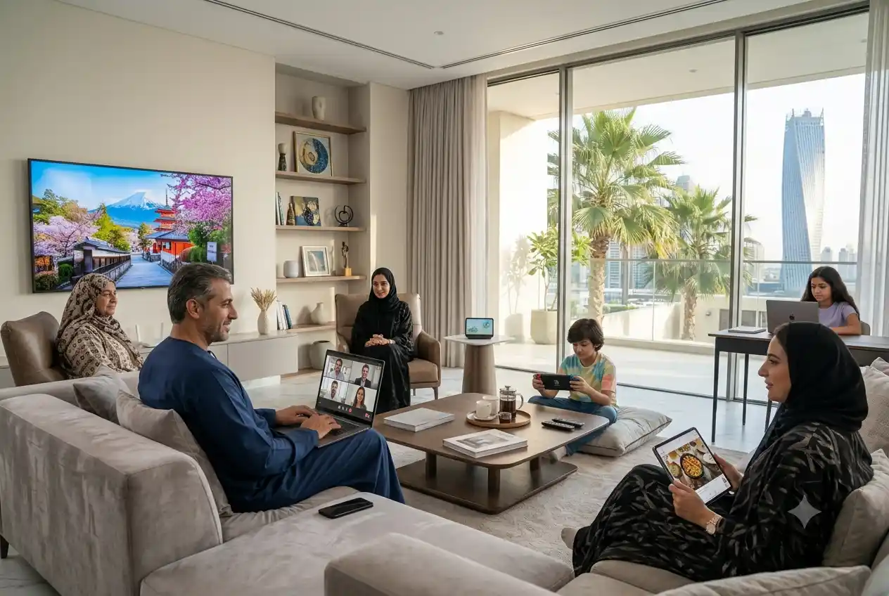 Family using high-speed eLife home internet in a modern UAE residence