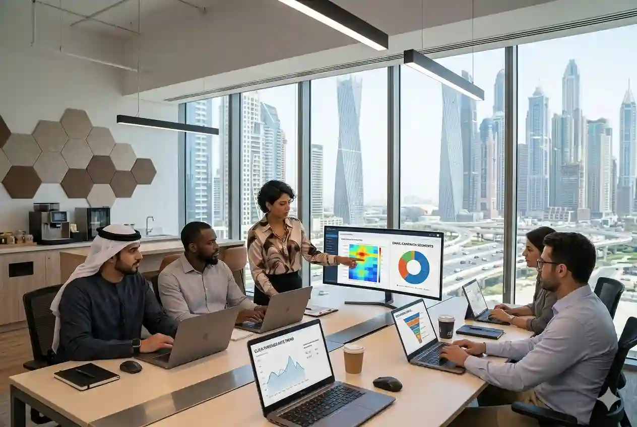 Marketing team managing email campaigns in Dubai office with analytics screens