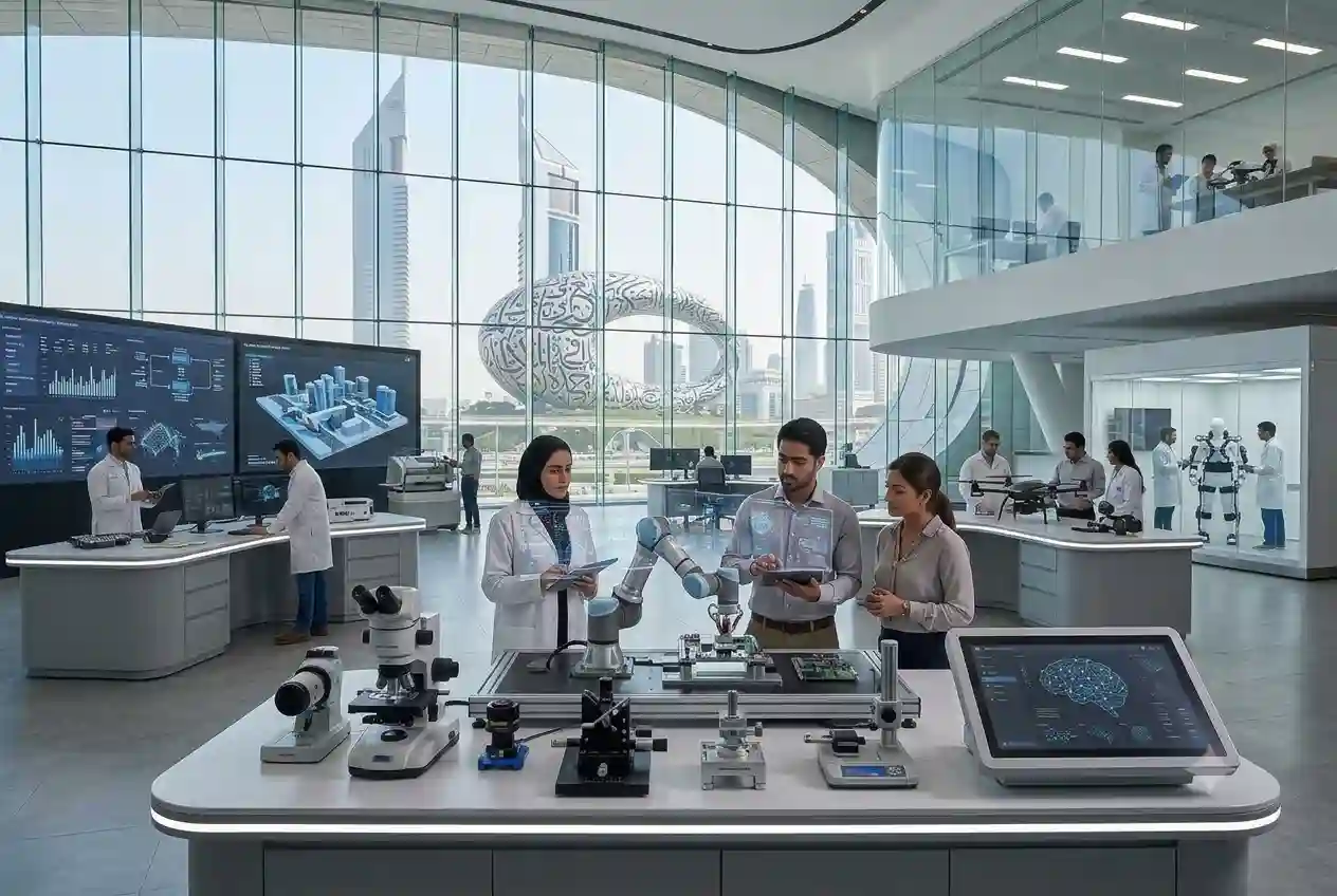 Researchers and engineers working in an advanced technology and innovation facility in the UAE