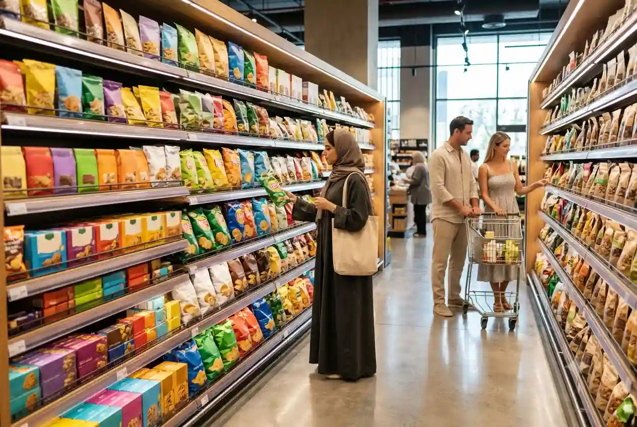 Packaged snack food products displayed in a modern UAE supermarket