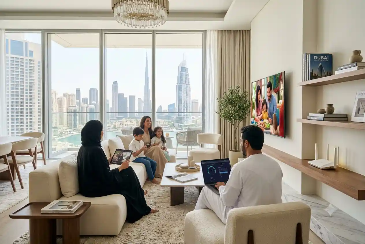 Modern UAE home using high-speed Etisalat fiber internet with multiple connected devices.