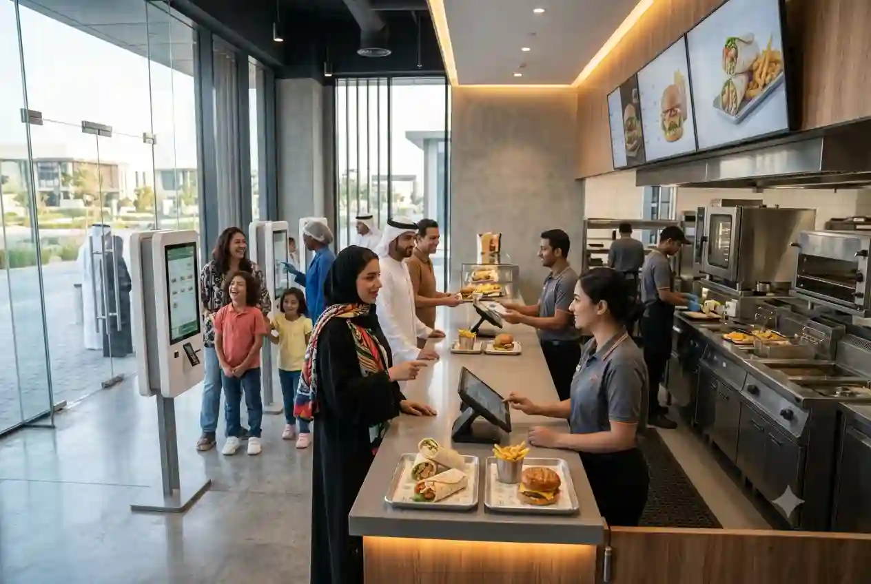 Customers dining inside a modern fast food restaurant in the UAE