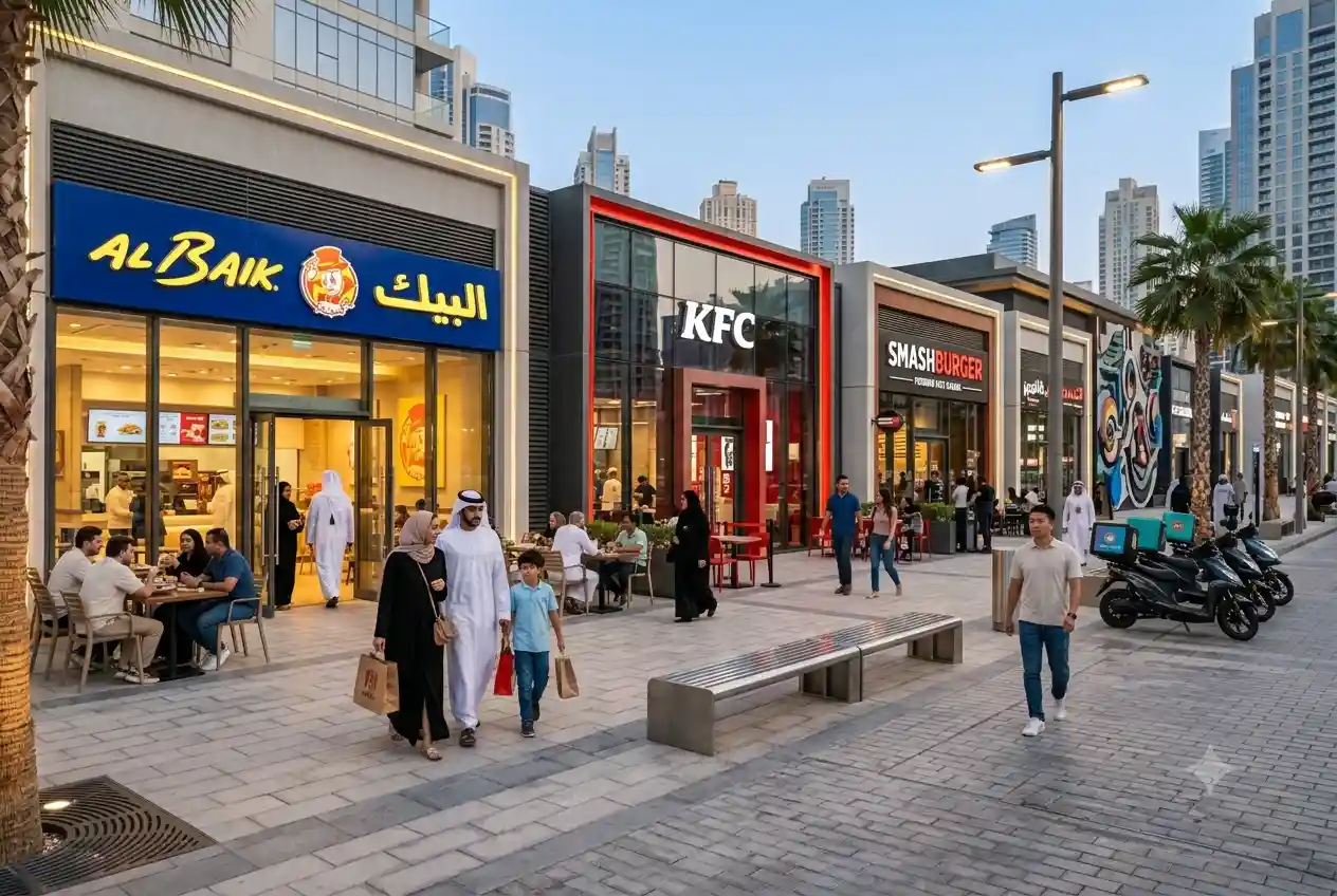 Popular fast food restaurants in a modern UAE urban dining district
