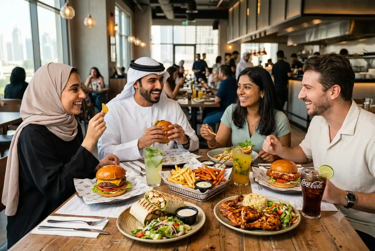 Modern fast food dining experience in the UAE with burgers, fries, and quick service meals
