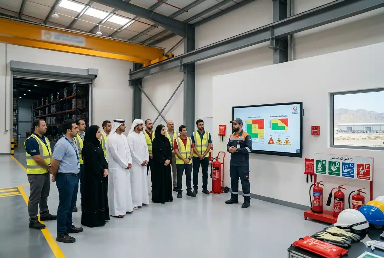 Professionals attending fire risk assessment training in a UAE workplace safety program