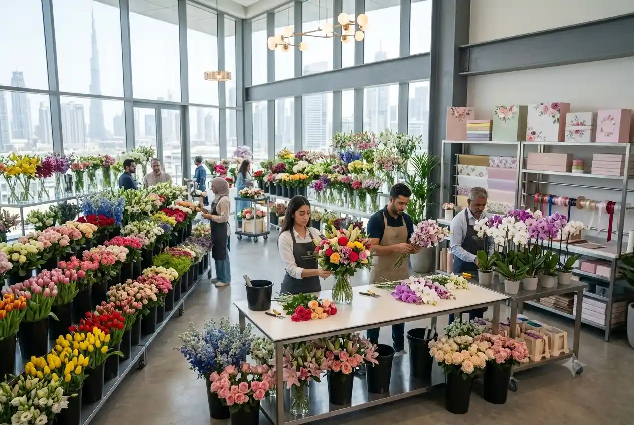 : Colorful fresh flowers displayed at a flower market in Dubai with a wide selection of bouquets and floral arrangements.