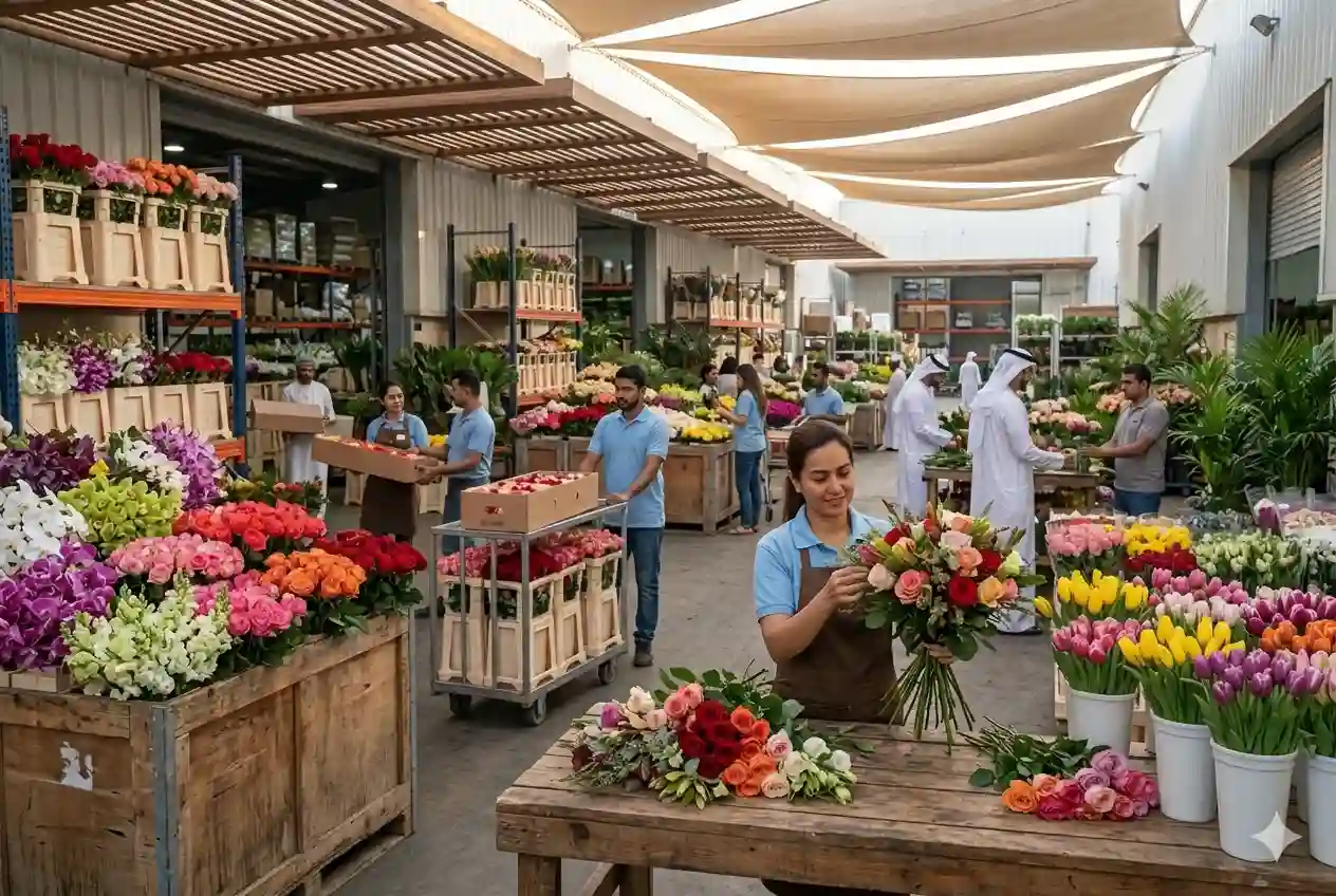 Fresh flower shop in UAE with roses, orchids, and floral arrangements in vibrant market