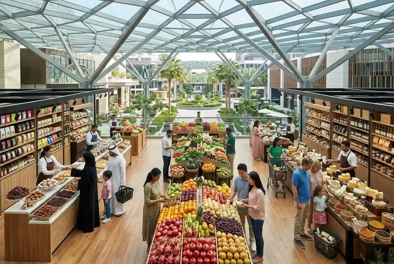 Customers shopping for groceries and international food products in a UAE food bazaar