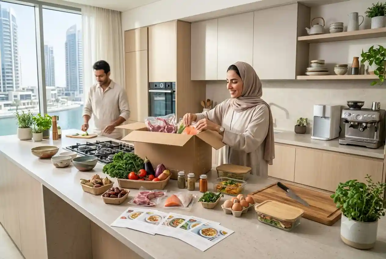 Fresh food box with meal kit ingredients delivered to a modern UAE household