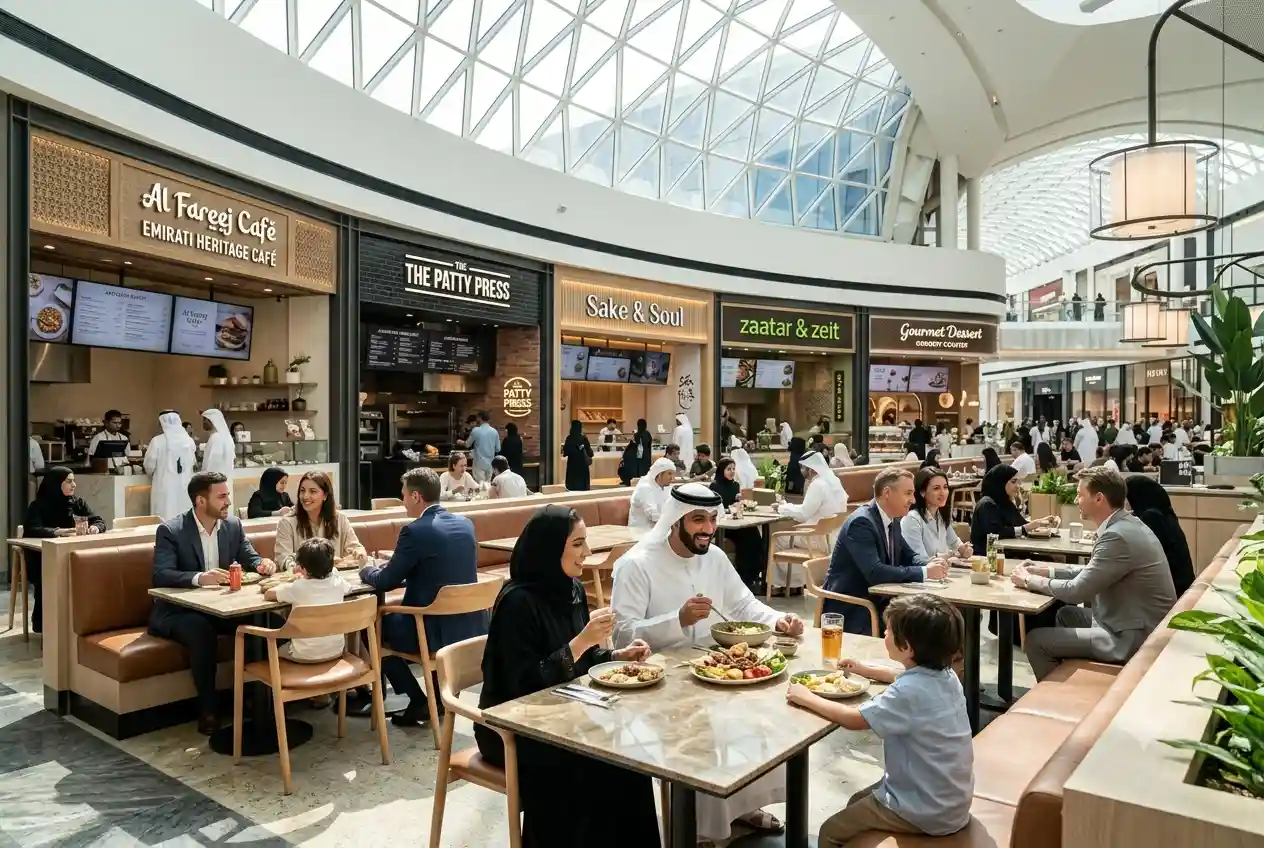Busy food court inside a modern UAE shopping mall with multiple dining options