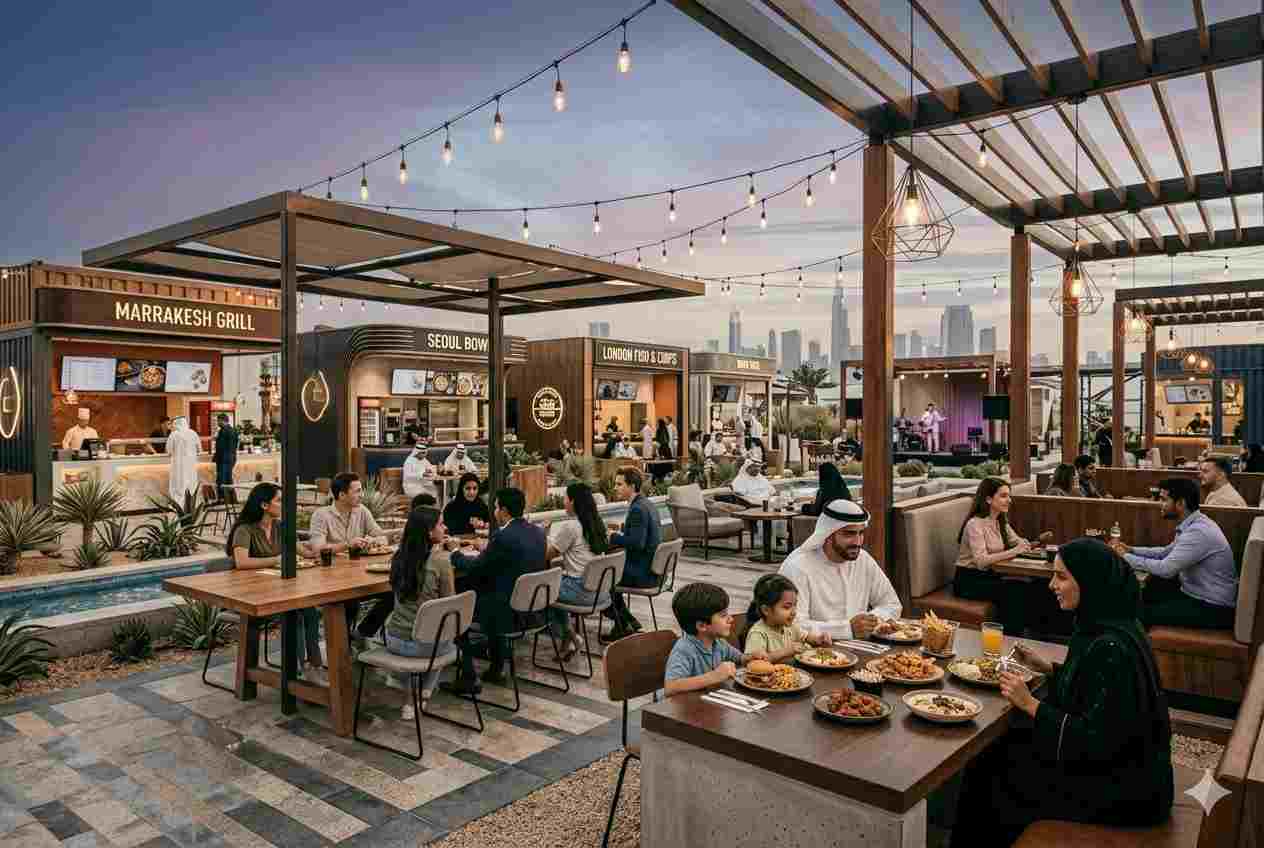 Modern outdoor food park restaurant with international dining outlets in the UAE