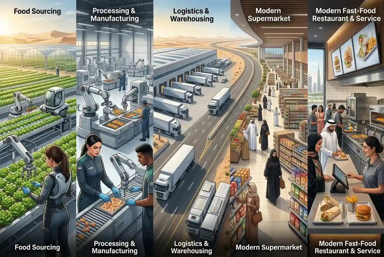 Food products moving through sourcing, processing, distribution, and retail stages in the UAE