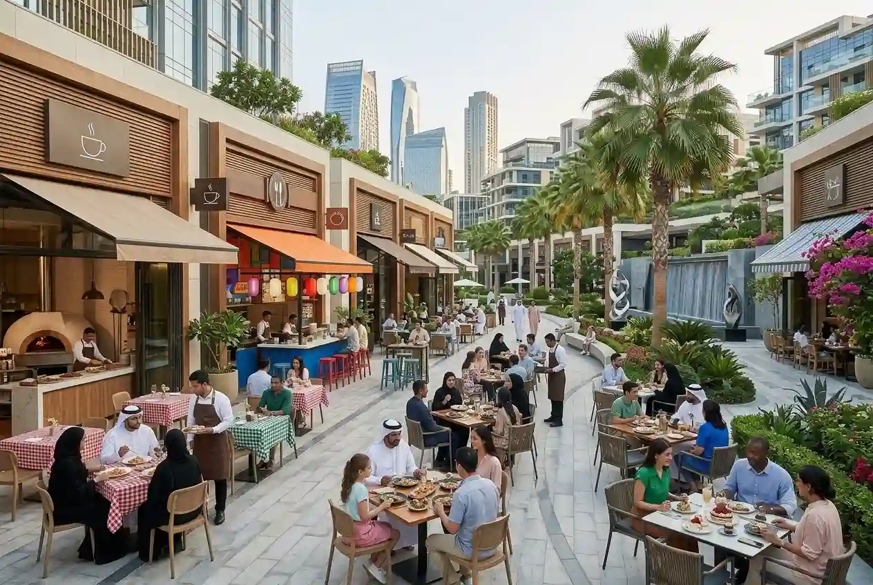 People dining at various restaurants and food outlets in a UAE dining district