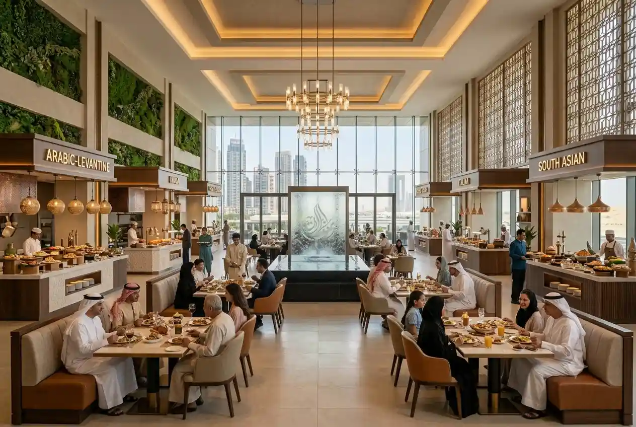 Modern food village restaurant offering multiple cuisines in a family-friendly UAE dining destination