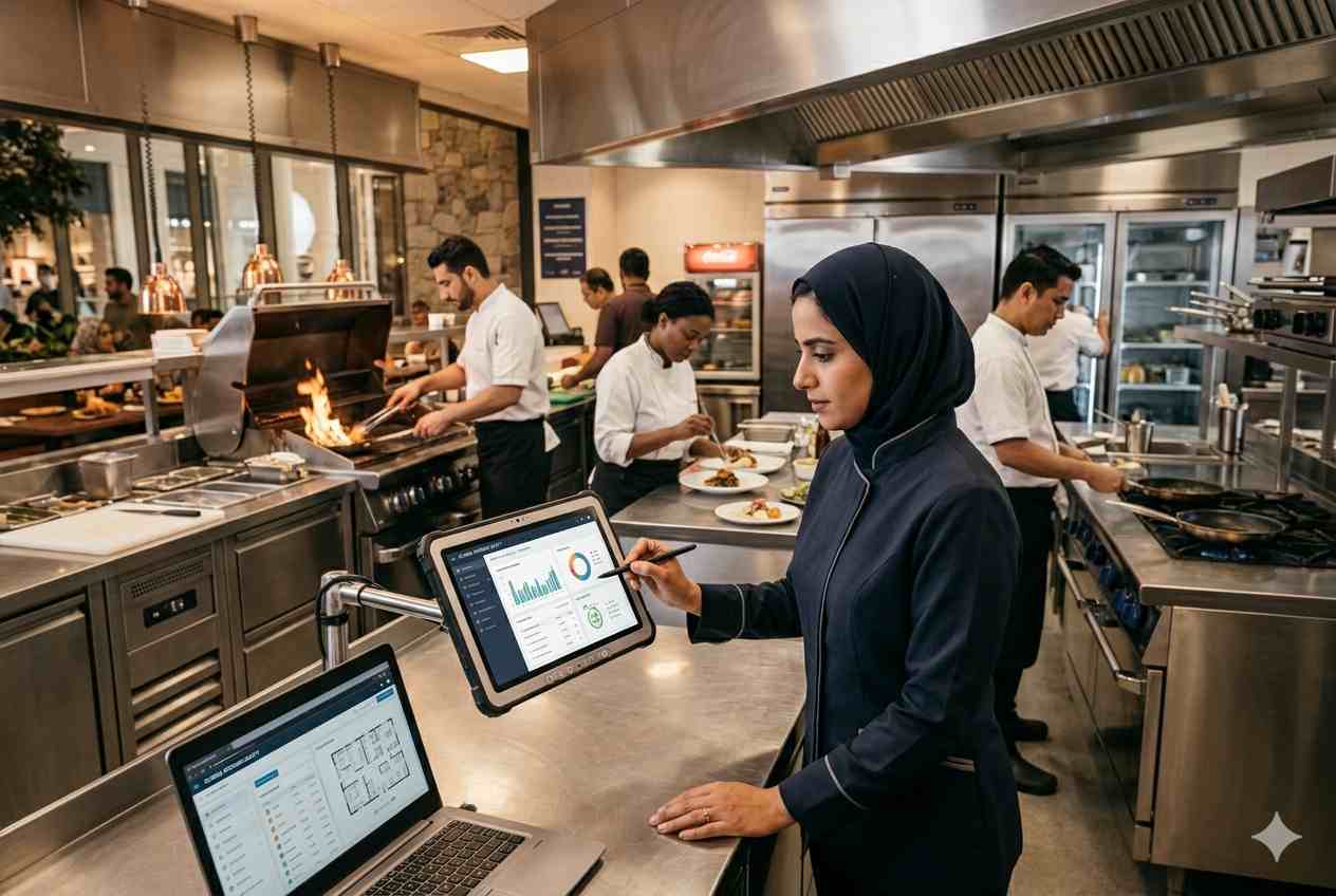 Restaurant manager using Food Watch login system in a UAE commercial kitchen