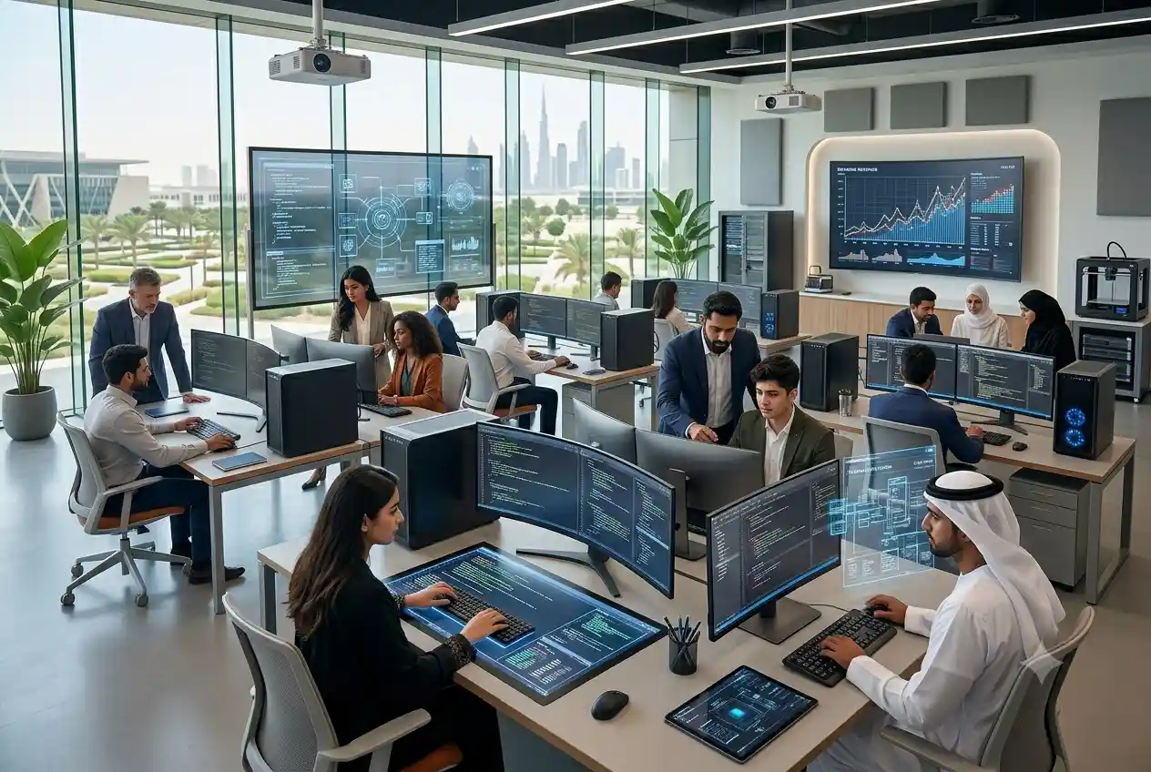Students receiving computer and technology training in a modern educational lab