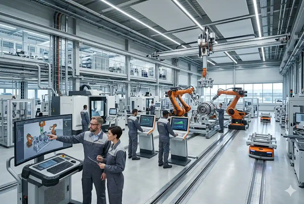 Modern industrial automation and German engineering technology systems in a manufacturing facility