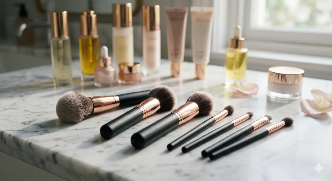 Close-up of professional makeup brushes used for skincare and foundation application