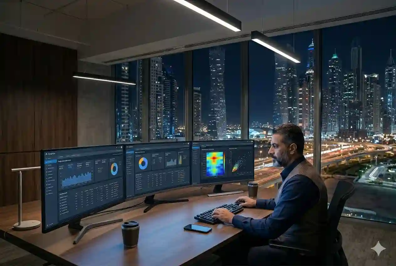 Digital marketer analyzing Google Ads performance dashboard in modern Dubai office