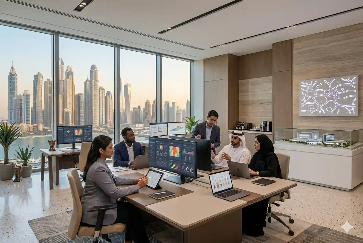 Healthcare consultants analyzing medical data in modern UAE office