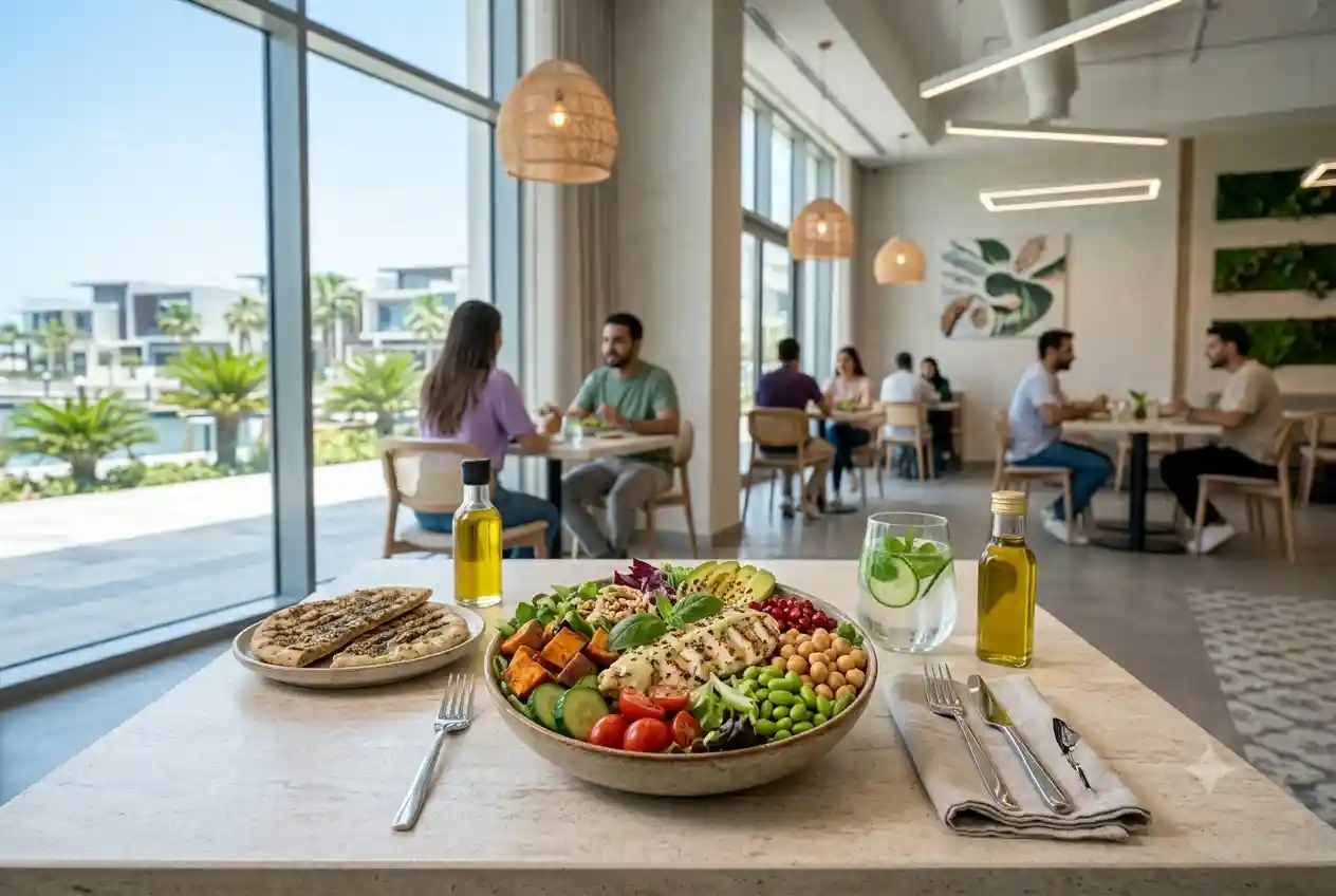 Fresh healthy meal with vegetables and protein served in a modern UAE restaurant