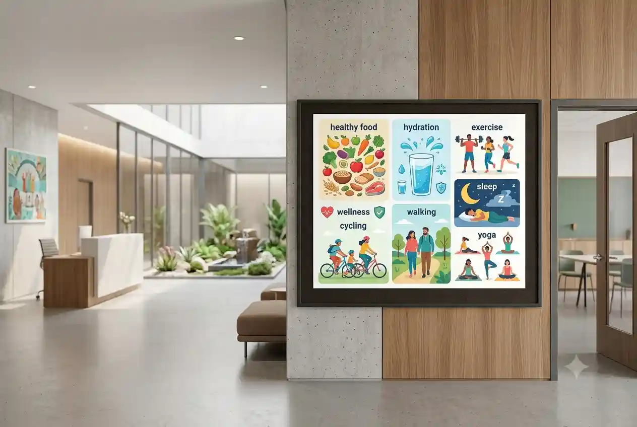 Educational healthy lifestyle poster featuring nutrition, exercise, hydration, and wellness illustrations.