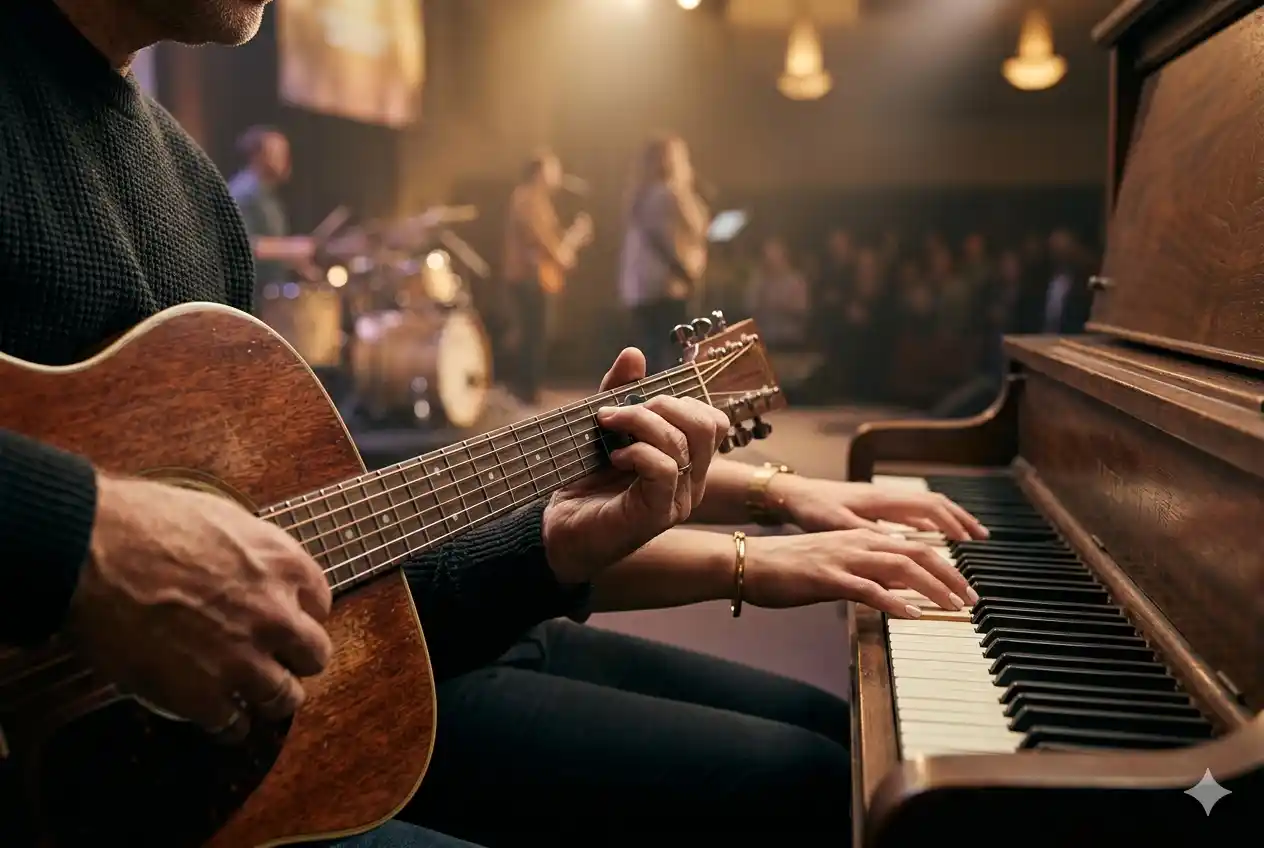 Musicians playing guitar and piano during worship song performance